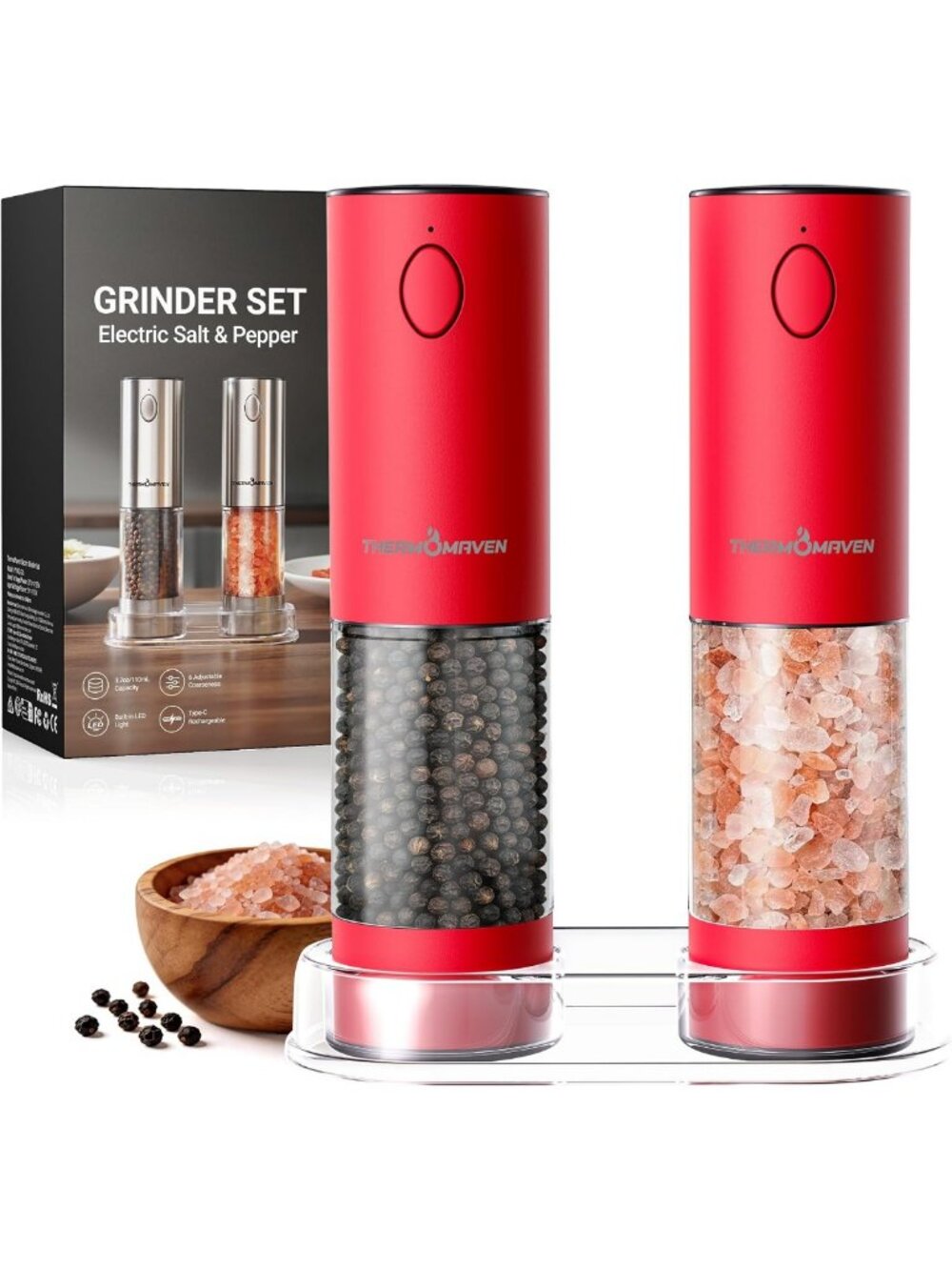 Rechargeable Electric Salt & Pepper Grinder Set - 110ml, Adjustable Coarseness